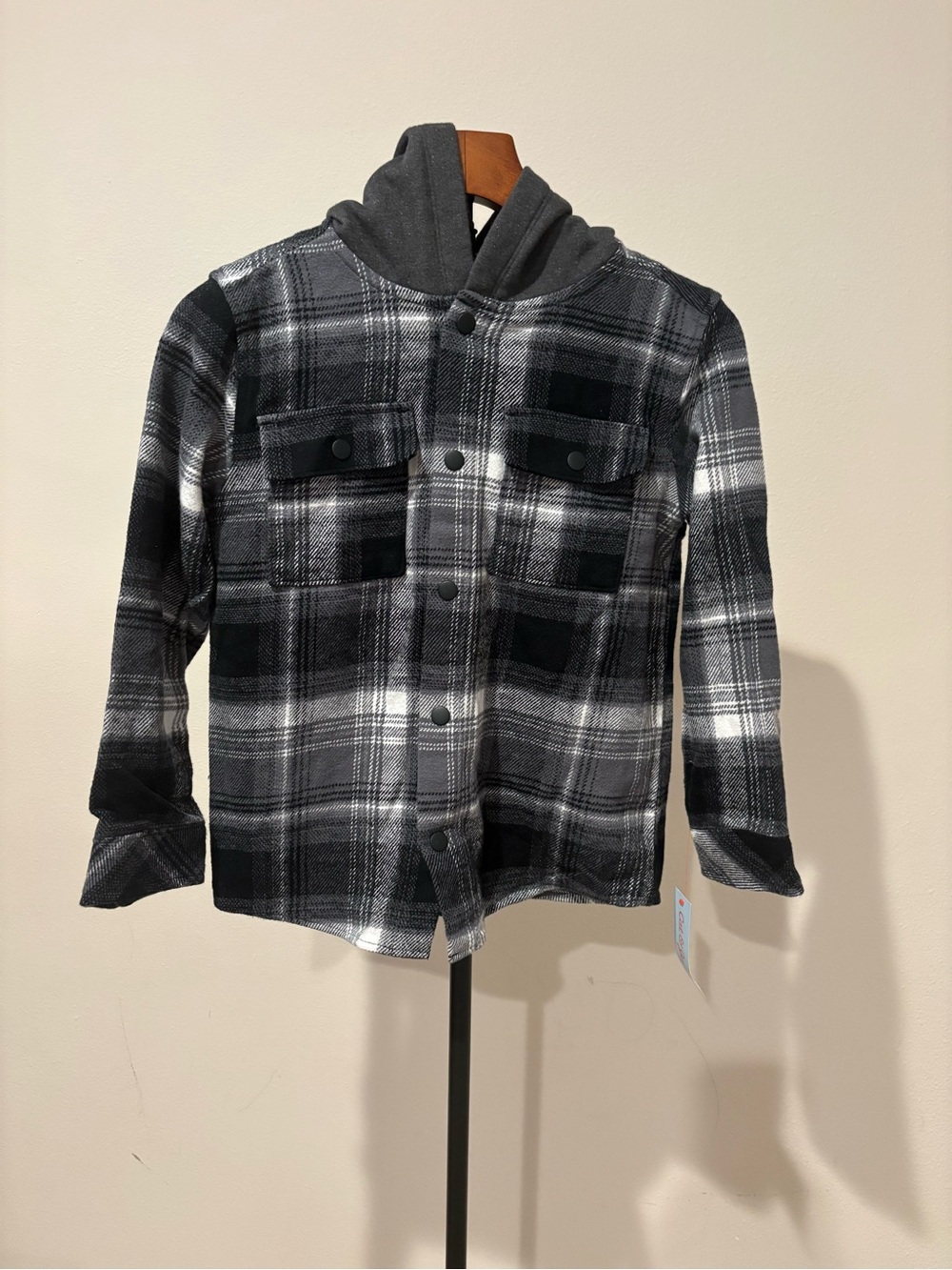 Cat & Jack Black and Gray Plaid Hooded Snap-Front Shirt Jacket 8